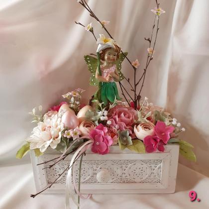 Virágbox, tündéres asztaldísz, virág dekoráció