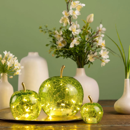 Üveg alma LED világítással, világító alma, alma dísz, zöld alma, zöldalma