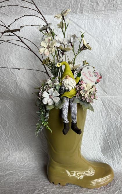 Virágbox, asztaldísz, virág dekoráció, kerámia csizma