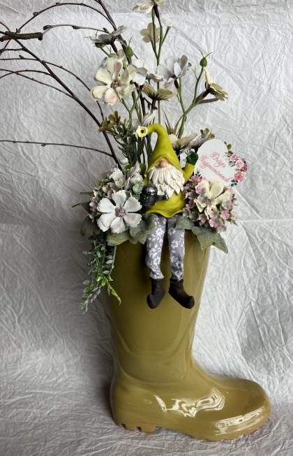 Virágbox, asztaldísz, virág dekoráció, kerámia csizma