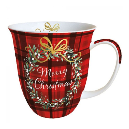Kockás karácsonyi bögre, Christmas plaid red