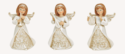 Angyal figura hangszerrel, krémfehér, pezsgőarany porcelán