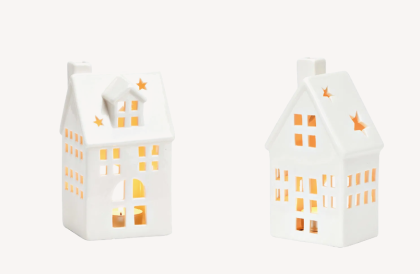 Házikó formájú mécsestartó, krémfehér, porcelán