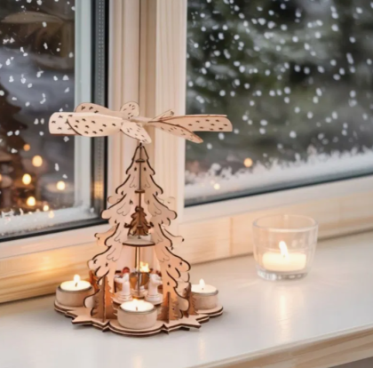 Hő hatására forgó mécsestartó, fa, adventi koszorú