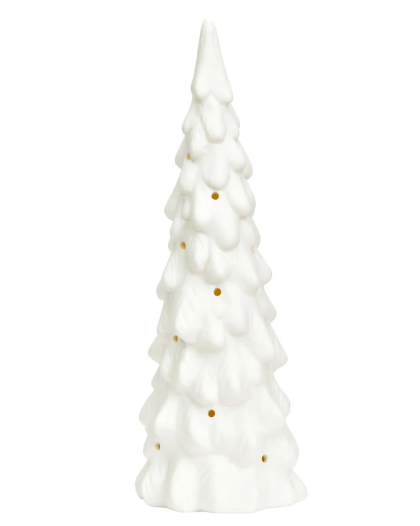 LED világító porcelán fenyőfa hangulatvilágítás (25 cm), krémfehér