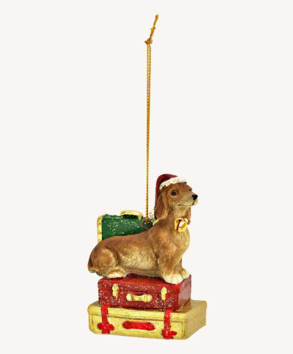 Kutyás fenyődísz, tacskó bőröndökkel