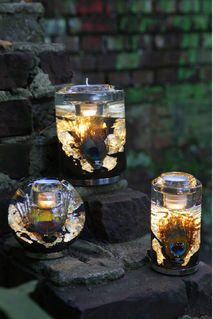 Zselés mécsestartó, üveg mécsestartó, LED-es mécsestartó, pávás dísz, pávatollas dísz