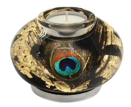 Zselés mécsestartó, üveg mécsestartó, LED-es mécsestartó, pávás, pávatollas