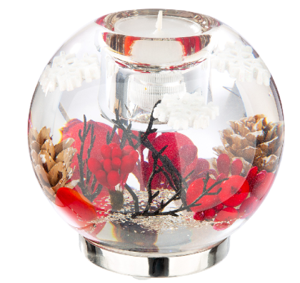 Zselés LED mécsestartó, üveg gyertyatartó, piros bogyós