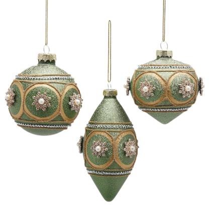 Festett, strasszos üveggömb, zöld-arany