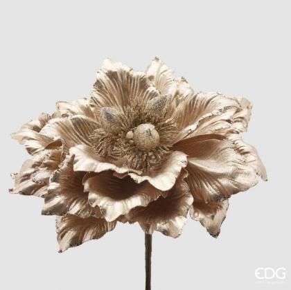 Csíptethető virág, magnólia, arany glitteres, 28 cm