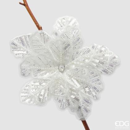 Csíptethető virág, fehér flitteres virág, klipszes fehér virág, strasszos gerbera, 23 cm