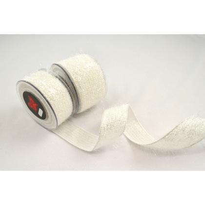 Karácsonyi szalag, masni, szalagtekercs díszcsomagoláshoz, (6,7x450 cm), fehér irizáló, szőrös