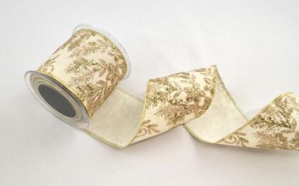 Karácsonyi szalag, masni, szalagtekercs díszcsomagoláshoz, (10x450 cm),  barokk stílusú glitteres virágok, bézs/arany, fehér/arany