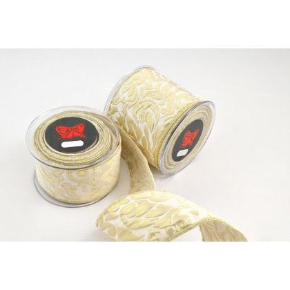 Karácsonyi szalag, masni, szalagtekercs díszcsomagoláshoz, (10x450 cm), krémfehér/arany virágok