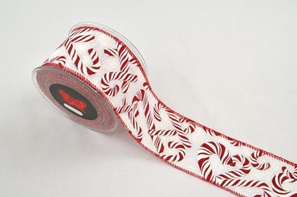 Karácsonyi szalag, masni, szalagtekercs díszcsomagoláshoz, (6,7x900 cm), piros-fehér, cukorbot mintás