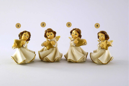 Angyal figura, kerámia angyalka, angyal dísz szívvel, csillaggal, krémfehér-arany, 7 cm