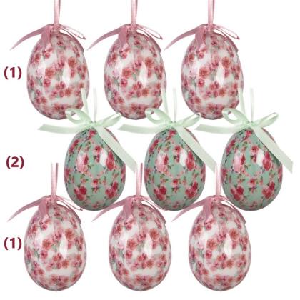 Húsvéti tojás, akasztható tojás, rózsaszín, zöld virágos, 8 cm (többféle)