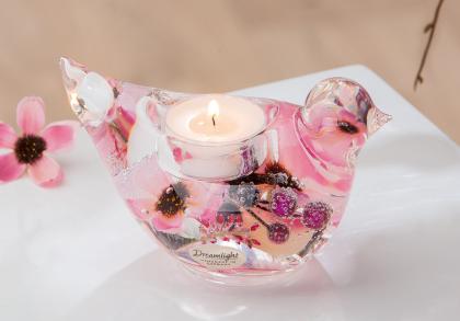 Zselés mécsestartó, madár alakú, tavaszi madaras mécsestartó, lila virágos