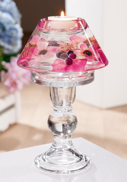 Zselés mécsestartó, lámpa alakú mécsestartó, üveg tavaszi, virágos mécsestartó