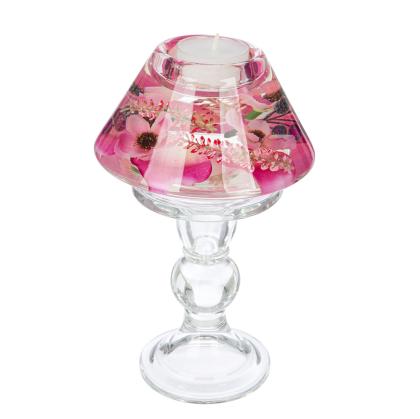 Zselés mécsestartó, lámpa alakú mécsestartó, üveg tavaszi, virágos mécsestartó