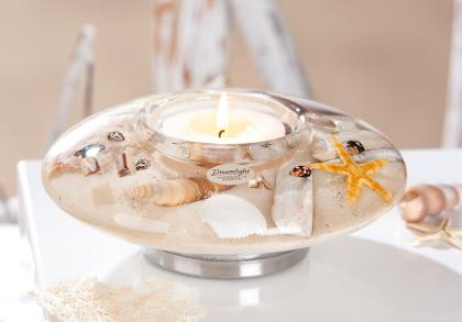 Zselés mécsestartó, nyári üveg mécsestartó, kagylós-tengeres, korong alakú