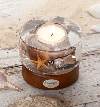 Zselés mécsestartó, üveg nyári mécsestartó, kagylós-tengeres mécsestartó, henger alakú, fa talppal