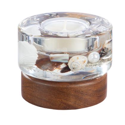 Zselés mécsestartó, üveg nyári mécsestartó, kagylós-tengeres mécsestartó, henger alakú, fa talppal