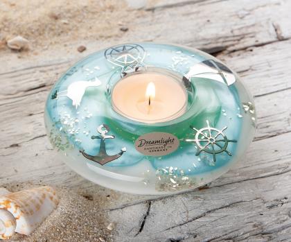 Zselés mécsestartó, üveg mécsestartó, nyári mécsestartó, hajós-tengeres, korong alakú