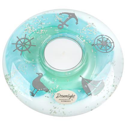 Zselés mécsestartó, üveg mécsestartó, nyári mécsestartó, hajós-tengeres, korong alakú