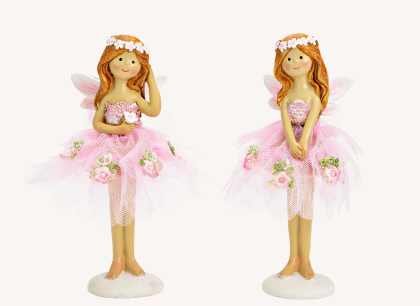 Tavasztündér, virágtündér, tündér figura rózsaszín tüllszoknyában, 16 cm