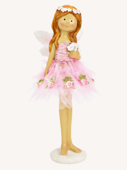 Tavasztündér, virágtündér, tündér figura rózsaszín tüllszoknyában, 24 cm