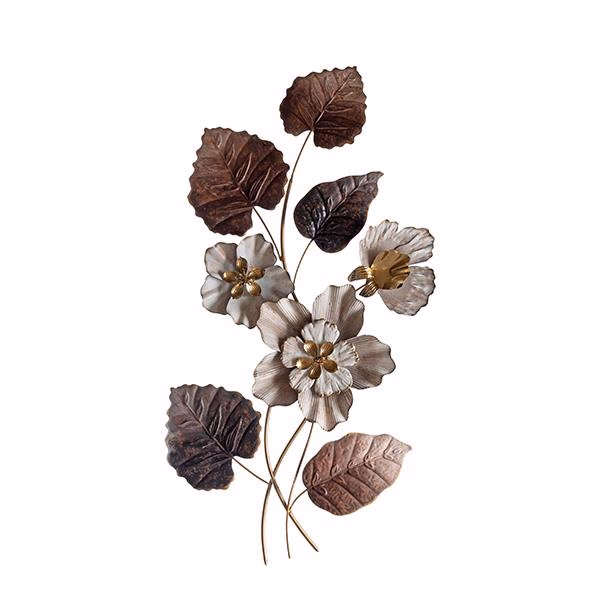 Fém virágos falikép, térbeli, 3D virágos fali dísz, barna, 45x87 cm