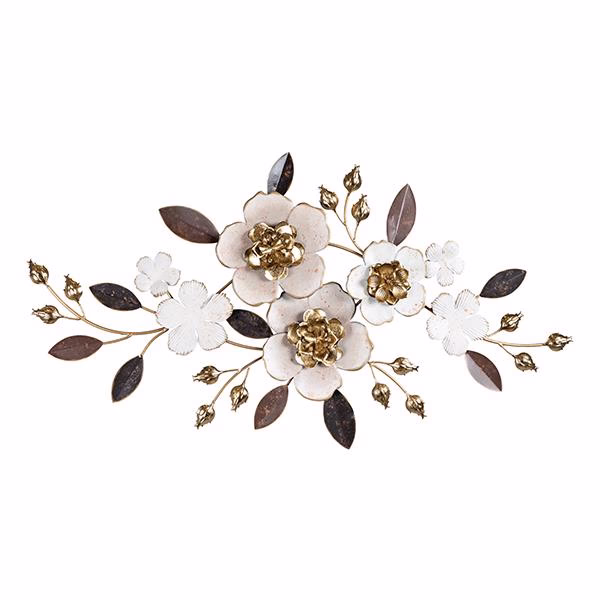 Fém virágos falikép, térbeli, 3D virágos fali dísz, rózsaszín-fehér, 49x91 cm