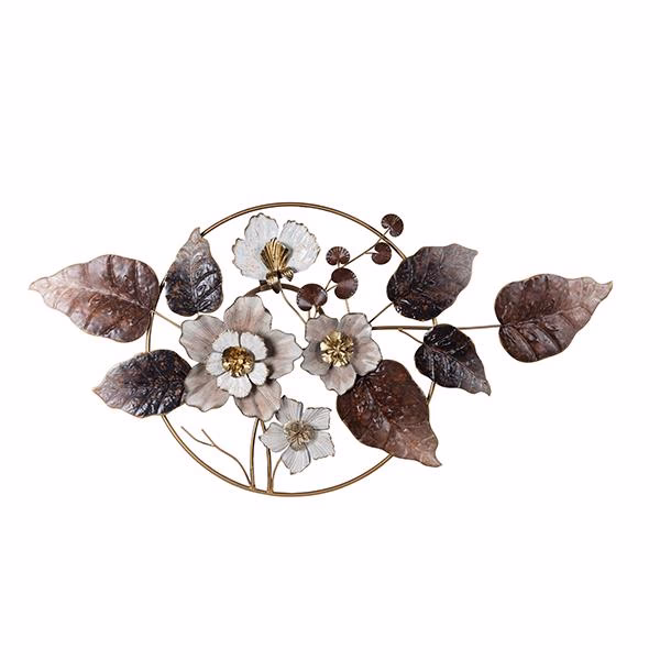 Fém virágos falikép, térbeli, 3D virágos fali dísz, barna-fehér-arany, 115x58 cm
