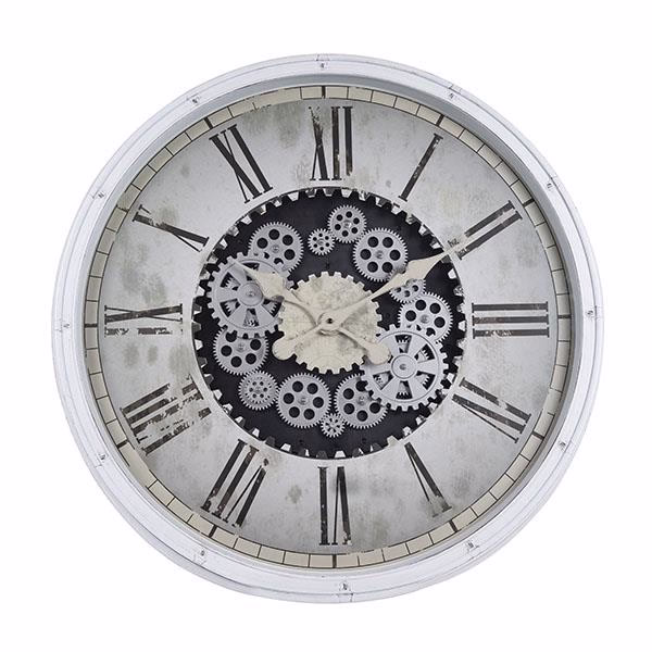 Falióra, vintage, fehér, antik hatású római számos számlappal, forgó fogaskerekekkel ∅ 76 cm