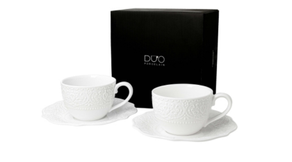 Krémfehér elegáns porcelán csésze+alj szett, díszdobozban, 210 ml, 2 db