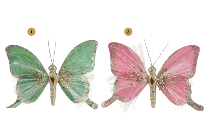 Rózsaszín/zöld glitteres pillangó, csíptethető lepke karácsonyfadísz, csíptethető lepkés dísz, klipszes pillangó (többféle)