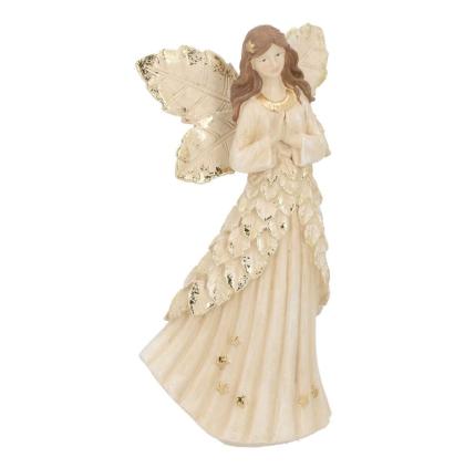 Angyal figura, arany leveles ruhás angyal, angyal dísz, arany kerámia angyal, elegáns angyal, 26 cm