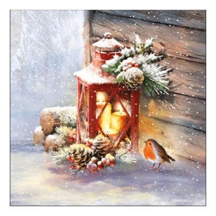 Papírszalvéta, téli szalvéta, karácsonyi madaras szalvéta, vörösbegyes lámpásos szalvéta (25x25 cm), 20 db, Robin by lantern