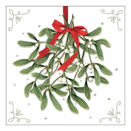 Papírszalvéta, karácsonyi szalvéta, fagyöngyös szalvéta (25x25 cm), 20 db, Mistletoe with bow