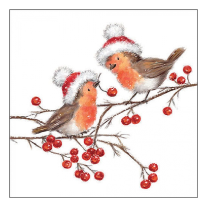 Papírszalvéta, karácsonyi szalvéta, vörösbegyes szalvéta, madaras szalvéta (25x25 cm), 20 db, Christmas robins