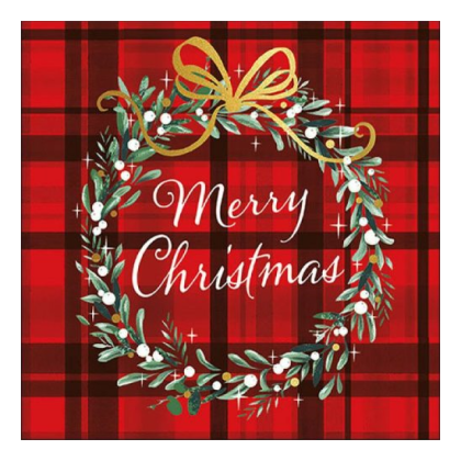 Papírszalvéta, karácsonyi szalvéta, karácsonyi kockás mintás szalvéta, koszorús szalvéta (több méret), 20 db, Christmas plaid red