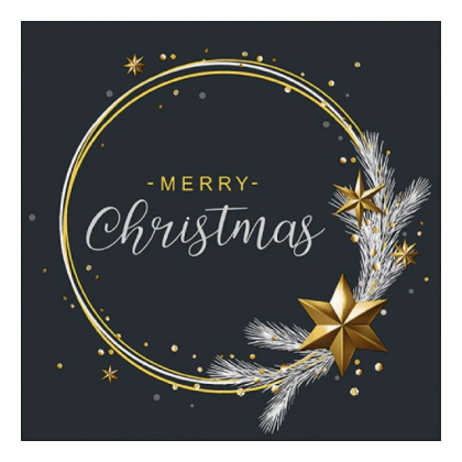 Papírszalvéta, karácsonyi szalvéta, Merry Christmas fekete-arany koszorús szalvéta (több méret), 20 db, Wishing ring