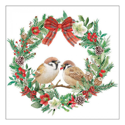 Papírszalvéta, karácsonyi szalvéta, madaras szalvéta, verebes szalvéta (több méret), 20 db, Sparrows in wreath
