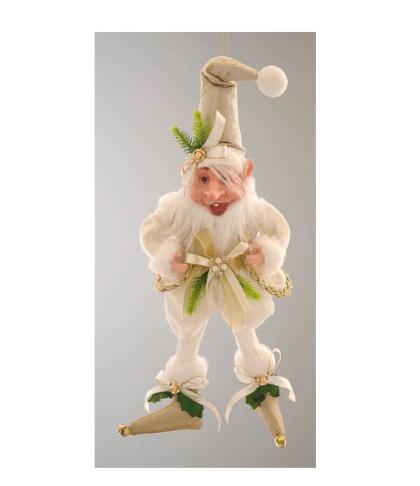 Elegáns manó, kobold, fehér-arany manó, mosolygó elf figura, karácsonyi manó, 41 cm